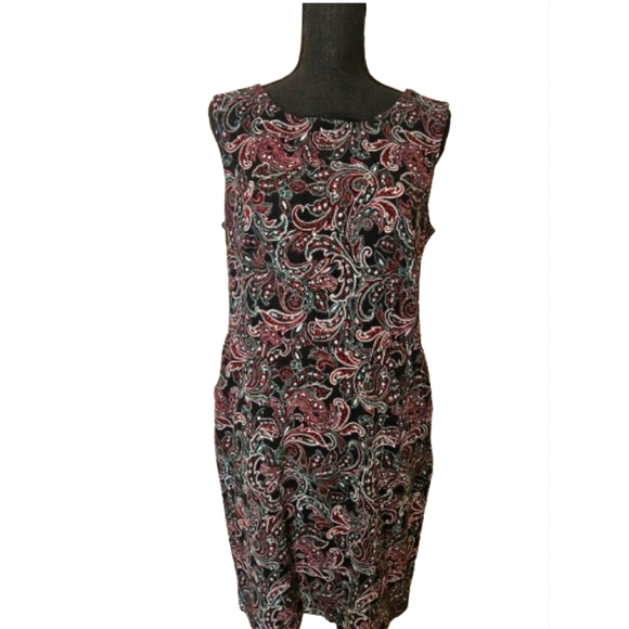 Lands End Black Green Paisley Fitted Sheath Bodycon Dress Sz 14 - Picture 1 of 9